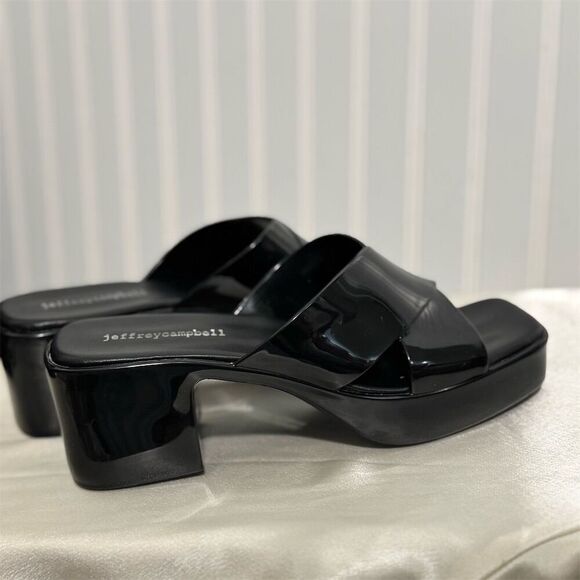 Jeffrey Campbell Black Patent Platform Mule Sandals Block Heel Size 7 US Y2K - Picture 5 of 9